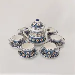 Service à café en céramique artisanale à motifs graphiques bleus de 6 tasses avec soucoupes + théière