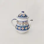 Service à café en céramique artisanale à motifs graphiques bleus de 6 tasses avec soucoupes + théière