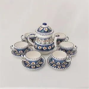 Service à café en céramique artisanale à motifs graphiques bleus de 6 tasses avec soucoupes + théière